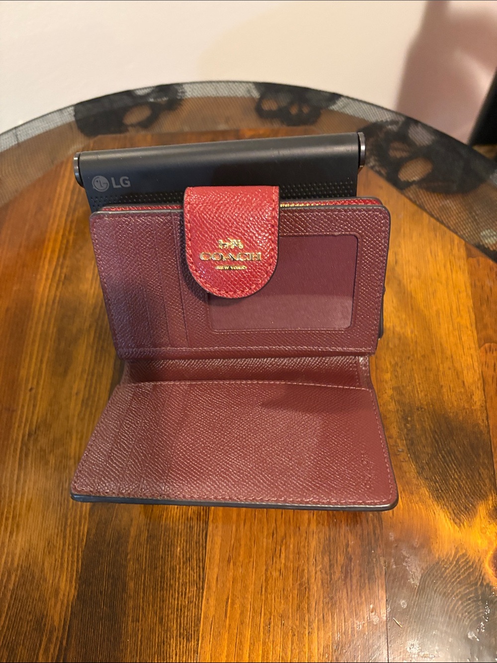 Coach Raspberry Red Leather Compact Wallet with Gold Logo - Picture 4 of 5
